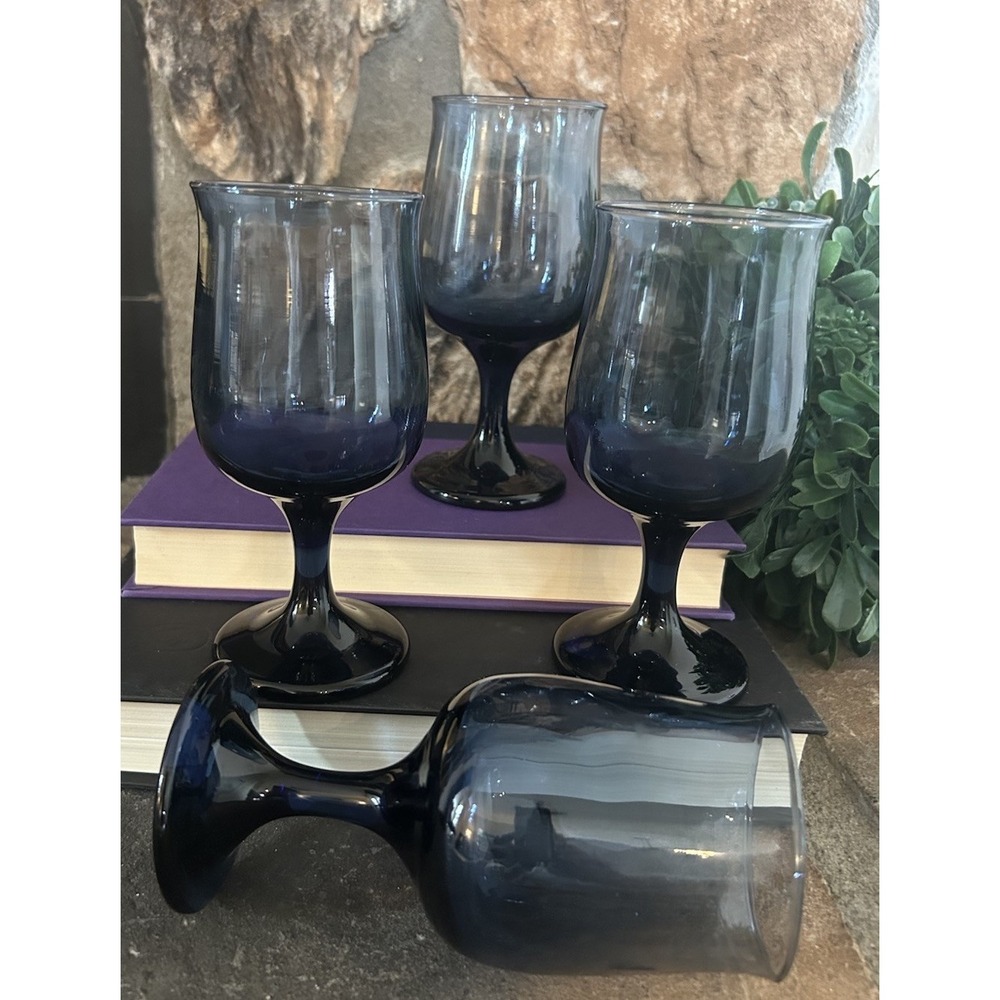 4 Vintage Libbey Connoisseur Dusky Blue Tulip Wine Glasses 6.5" Excellent
